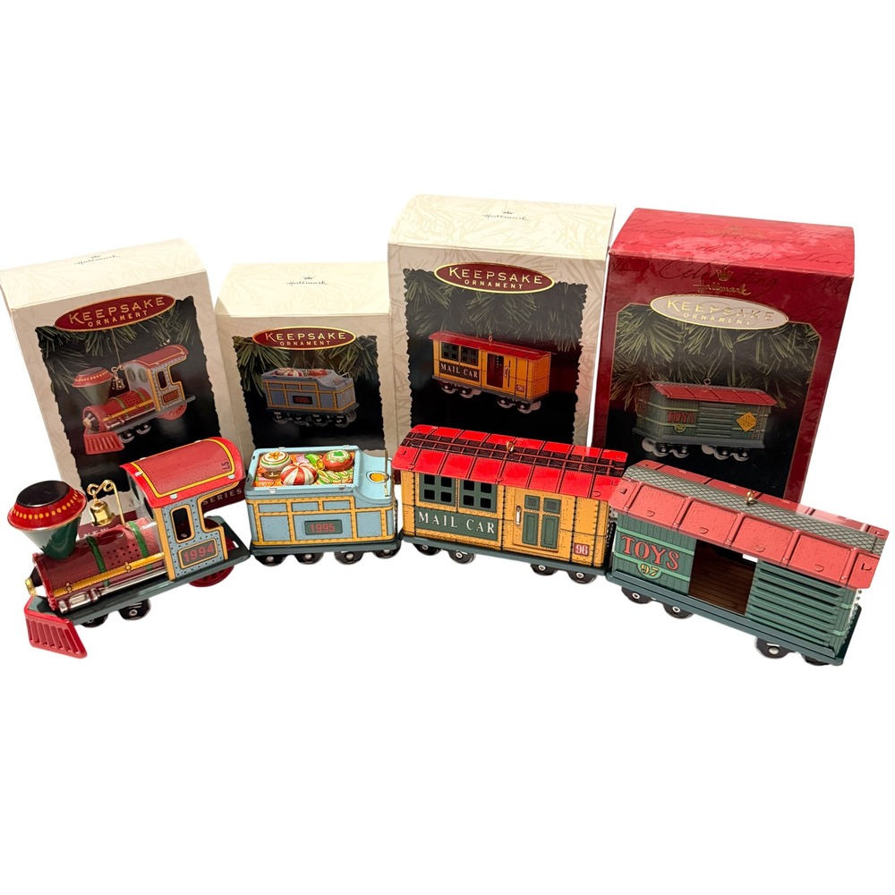 Hallmark Yuletide Central Train Ornament Set 1994-1997 Pressed Tin 4pc Boxed